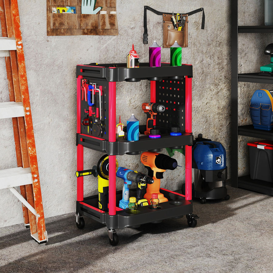HOMCOM Werkstatt-Rollwagen mit 3 Etagen und 10 Haken, Schwarz, B/H/T: 47,5 x 89 x 56,5 cm - Bild 2