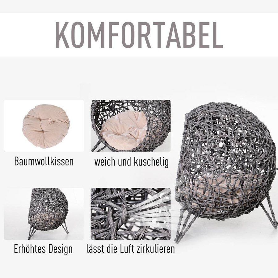 PawHut Katzenkorb aus Rattan in Silbergrau mit erhöhtem Boden B/H/L: 52 x 58 x 52 cm - Bild 3