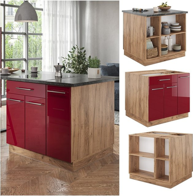 Vicco Kücheninsel Fame-Line Küchenblock in Eiche und Bordeaux Rot, Hochglanz Küchenschrank mit Softclose-Scharnier, Breite: 90 cm - Bild 1