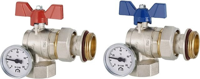 Emmeti Kugelhahn Set für Heizkreisverteiler DN20 1 Zoll mit Thermometer, Eck-Durchgang, Messing vernickelt - Bild 1