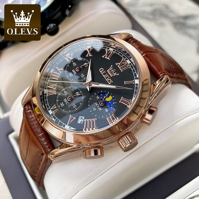 OLEVS Chronograph, Quarz, Leder, Gold, Schwarz, Herren - Bild 1
