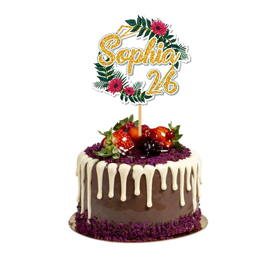 Personalisierte Sommer-Kuchendekoration von Cyuan mit Blumen und Grün, anpassbar mit Namen und Alter, bunt, aus Papier - Bild 5
