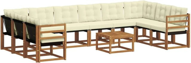 vidaXL Outdoor-Sofagarnitur aus massivem Akazienholz in U-Form, 11-teiliges Set mit Textilene-Bezug und Kissen, Natur und Creme - Bild 1