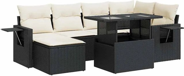 vidaXL 7-teilige Garten-Sofagarnitur in L-Form aus Poly-Rattan mit Kissen in Schwarz-Creme - Bild 1