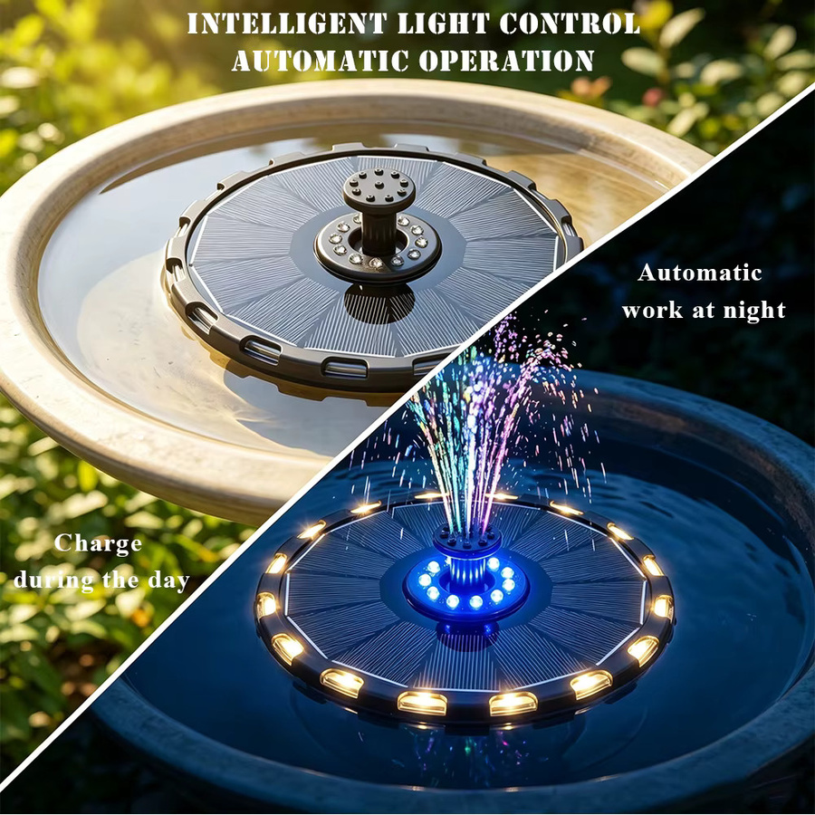 T-SUNRISE Solar-Gartenbrunnen für den Außenbereich mit 3,5W, rundes Solarbrunnenpumpen-Set für Teiche und Vogelbäder mit 6 Düsen und 7-farbigem Licht, Multicolor - Bild 4