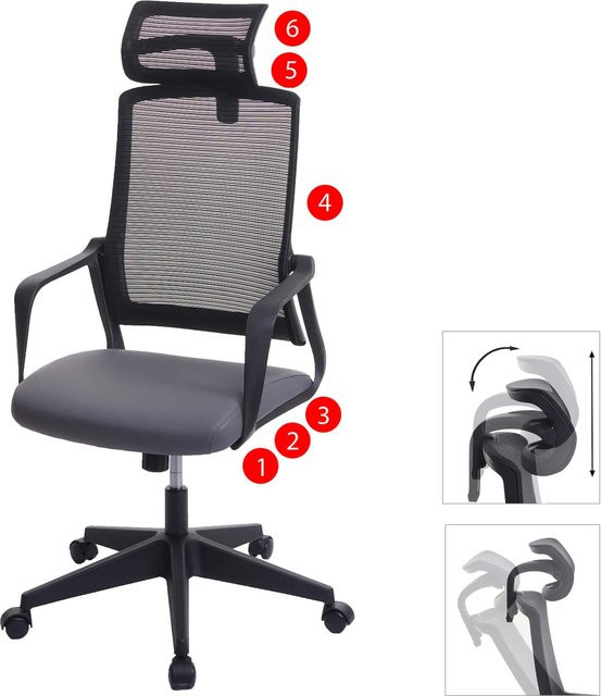 Ergonomischer Bürostuhl MCW J52 mit Kopfstütze und Armlehnen aus Kunstleder, Grau, B/T/H: 64 x 66 x 128 cm - Bild 1