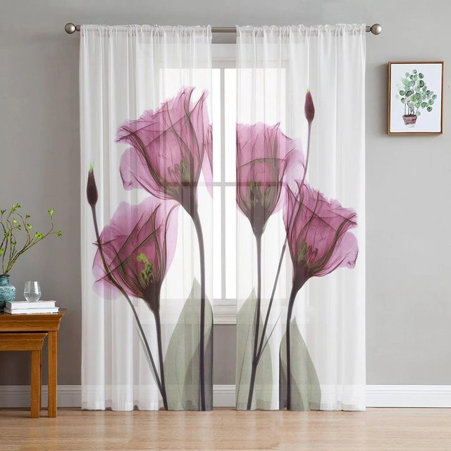 A Family Of Home Textiles Transparenter Gaze-Vorhang mit floralem Tulpen- und Blumenmuster, Weiß, Breite: 135 cm, Höhe: 244 cm - Bild 1