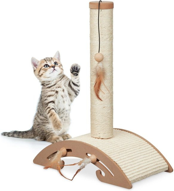 Relaxdays Kratzsäule für Katzen mit Kratzbrett und integriertem Spielzeug aus Sisal und MDF in Braun und Beige, H: 52 cm, B: 42 cm, T: 22 cm - Bild 1