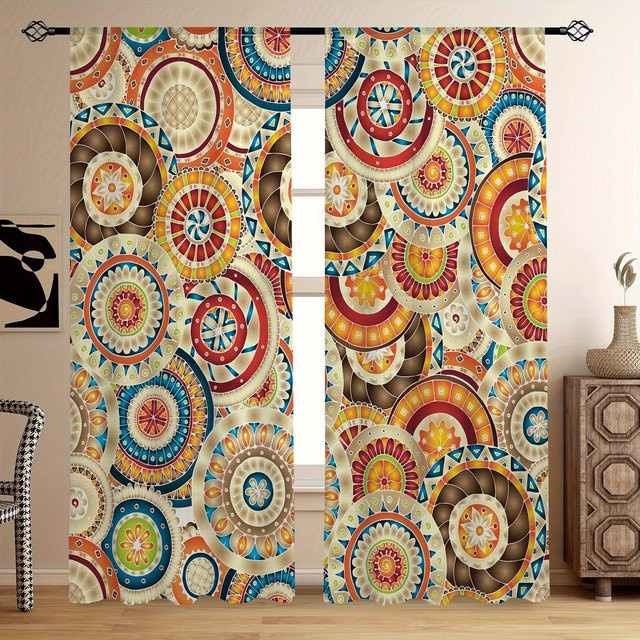 2er-Set Dekorative Vorhänge mit abstraktem buntem Muster von Yiran Furniture, halbtransparent, Boho-Stil, Farbe: Mehrfarbig, B/H: 100 x 130 cm - Bild 1