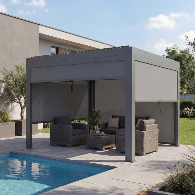 MCW Pergola MCW-L46 Lamellen-Pavillon mit Seitenwand und Alu-Gestell, Anthrazit, B/T: 300 x 300 cm, H: 220 cm - Bild 1