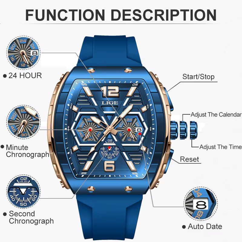 LIGE Chronograph, Quarzuhr, Silikon, Blau, Herren - Bild 3
