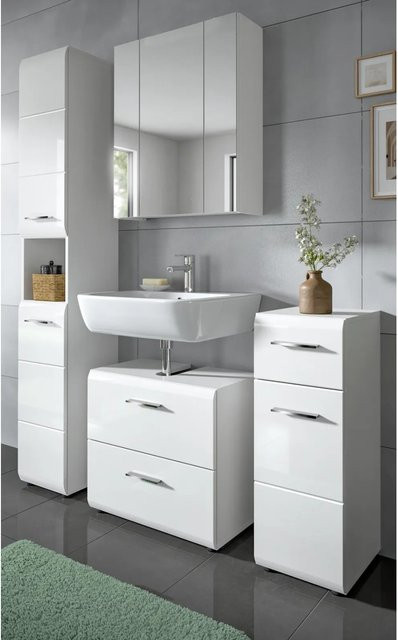 Inn.Furn Badmöbel Set Cover in Weiß Hochglanz, 4-teilig, bestehend aus Hochschrank, Spiegelschrank, Waschbeckenunterschrank und Badkommode, Breite: 150 cm, Höhe: 185 cm, Tiefe: 30 cm - Bild 1