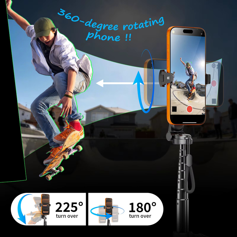 CrownQu Tragbarer magnetischer Selfie-Stick in Schwarz mit Bluetooth-Fernbedienung und multifunktionalem Telefonhalter für iPhone und Android - Bild 4