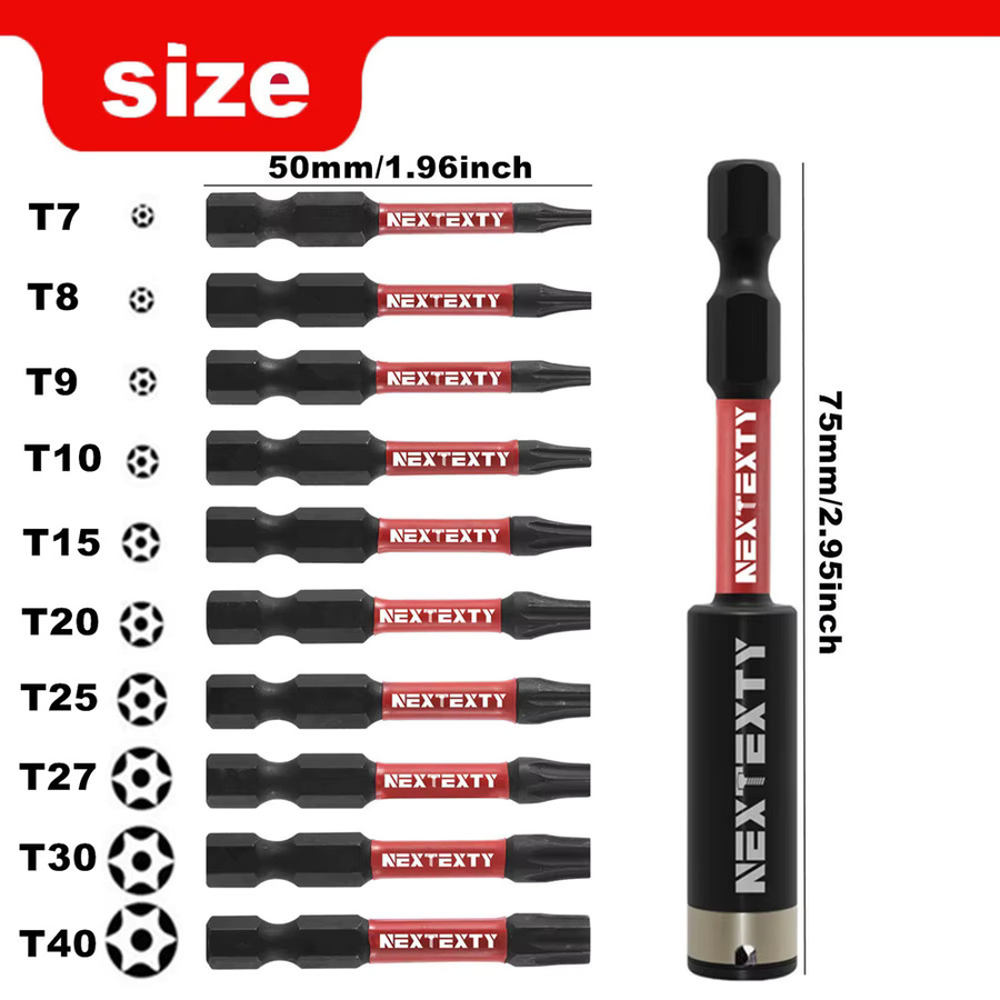 NEXTEXTY Torx Bit Set T7-T40 aus S2 Legiertem Stahl mit Magnetischem Sechskantschaft und Aufbewahrungsbox, Schwarz, Länge: 50 mm - Bild 2