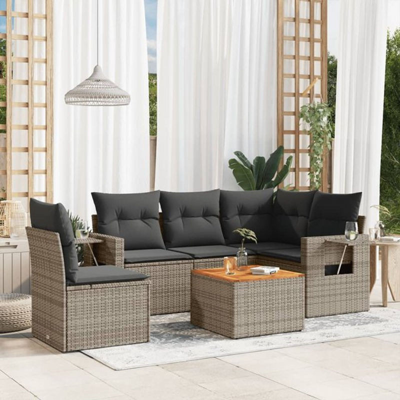 Vidaxl 6-teiliges Gartenmöbel-Set aus Polyrattan und Akazie mit Kissen, Grau - Bild 1