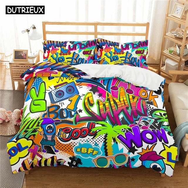 Bettwäscheset mit Cartoon Graffiti Druck aus Polyester für Kinder und Teenager, Mehrfarbig, B/H: 140 x 210 cm - Bild 1