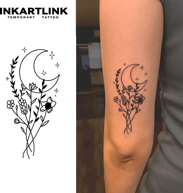 Semi-permanentes Tattoo mit Blumen und Mond, wasserfest, hält bis 15 Tage - Bild 1