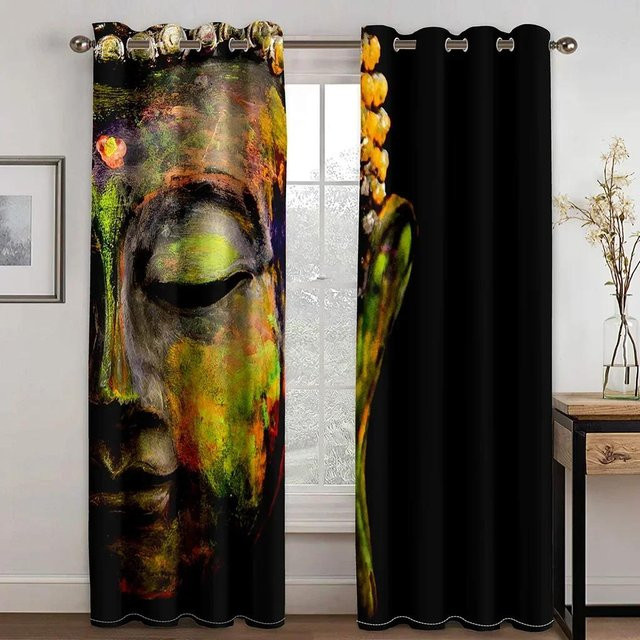 Yiran Furniture Set aus 2 semi-transparenten Fenster Vorhängen mit Buddha-Motiv und Lotus-Design, Polyester, Mehrfarbig, B: 60 cm, H: 60 cm - Bild 1