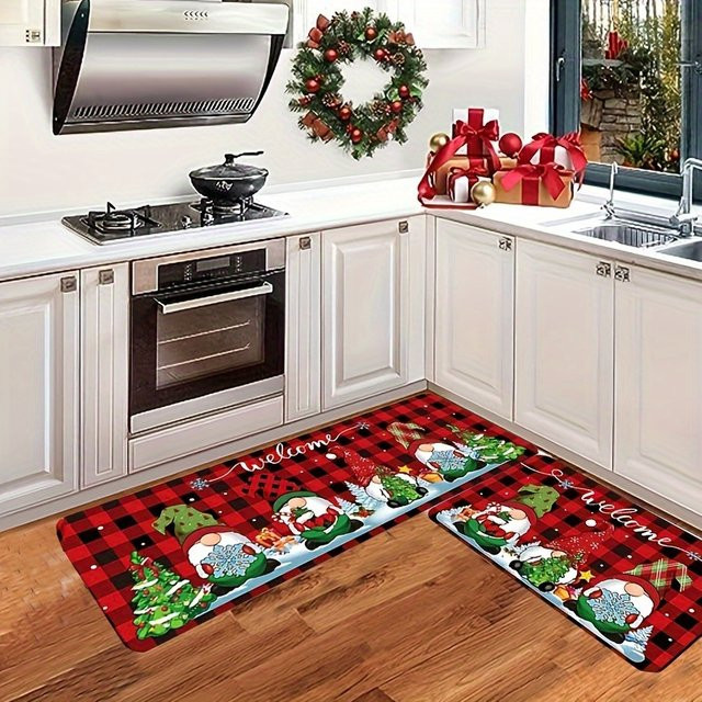 2-teiliges VIKAMA Weihnachts-Zwerg Teppich-Set mit Schneeland-Cartoon-Design, wasserabsorbierend, mehrfarbig, B/T: 120 x 40 cm und 40 x 40 cm - Bild 1