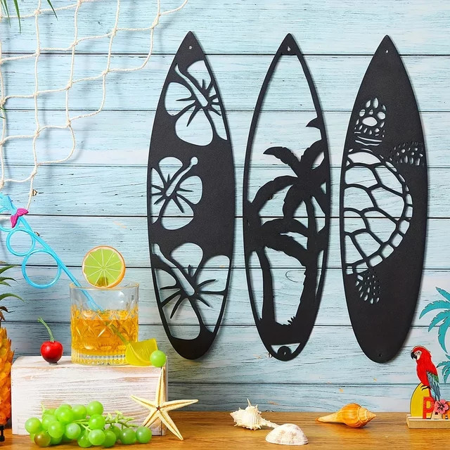 Cifbuy Metall Wanddekoration Surfbrett Set mit Palmen-Motiv in Schwarz - Bild 1