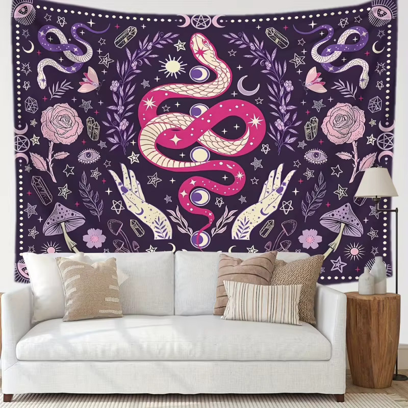 VIKAMA Wandteppich in Lila mit Tarot-, Astrologie-, Schlangen-, Hasen-, Stern- und Mondmotiven im Boho-Design, B/H: 40 x 60 cm - Bild 2