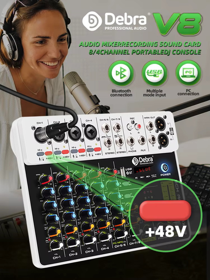 Debra V8 Audio-Mischpult in Weiß mit Bluetooth 5.0 und Phantomspeisung für PC-Aufnahmen und Bühneneinsatz - Bild 6