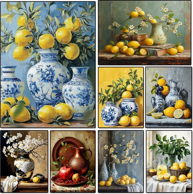 FANQING Diamond Painting Set mit Zitronen und Granatapfel in einer Vase, Mosaik Stickerei Kit für die Wanddekoration in Mehrfarbig - Bild 1