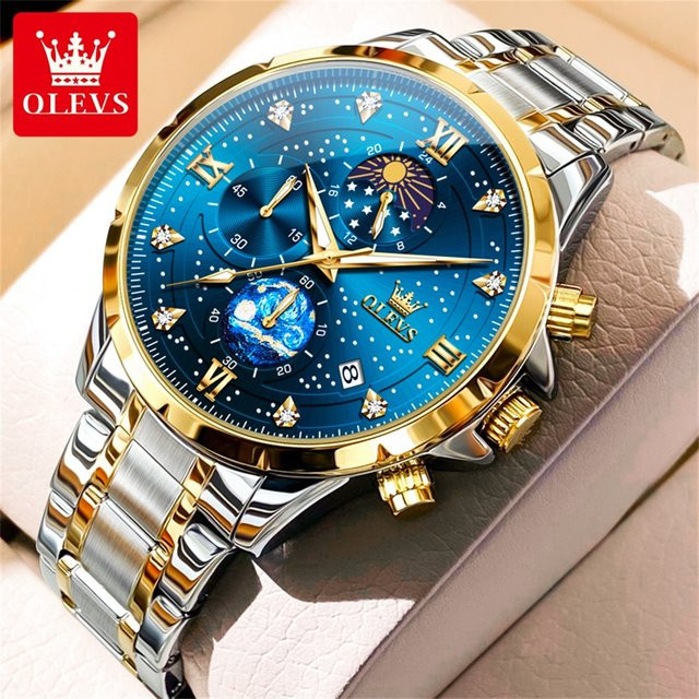 OLEVS Chronograph, Edelstahl, Bicolor, Blau, Herren - Bild 1