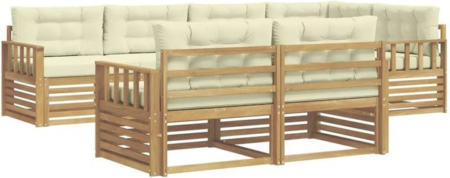 vidaXL Outdoor-Sofagarnitur 7-teilig in L-Form aus Akazienholz mit Kissen in Weiß und Beige - Bild 1