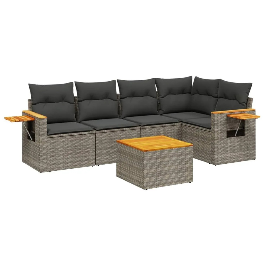 vidaXL 6-teilige Garten-Sofagarnitur in L-Form aus grauem Poly-Rattan mit Kissen und Akazienholz - Bild 2