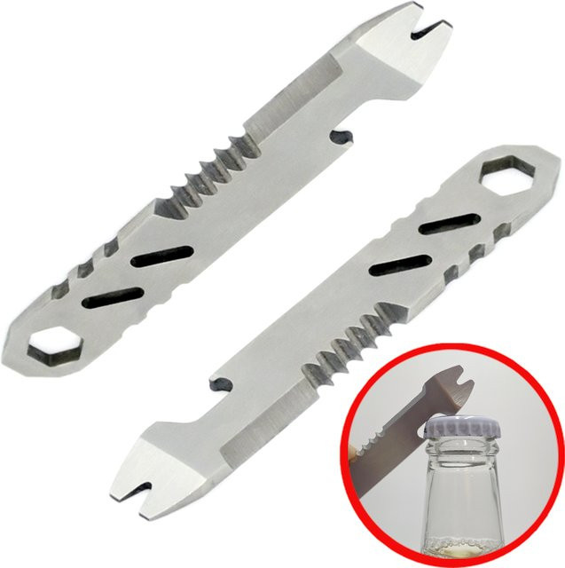Multifunktions-Mini-Brecheisen aus Edelstahl in Silber mit Inbusschlüssel und Flaschenöffner als tragbares EDC-Werkzeug für Camping und Outdoor - Bild 1