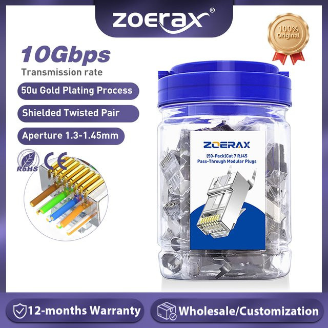 ZoeRax 50er-Pack geschirmte RJ45 Cat7 Cat6A Durchgangsverbinder, 3-polige 8P8C Ethernet-Kabelstecker mit vergoldeten Kontakten - Bild 1