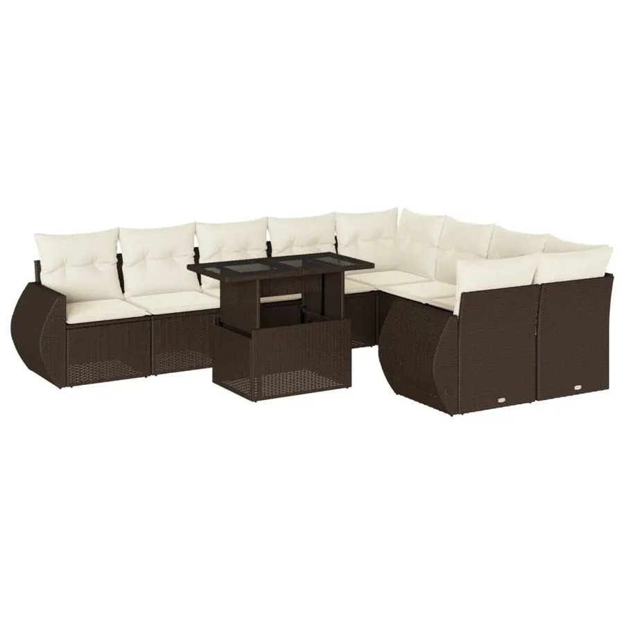 vidaXL 10-tlg. Garten-Sofagarnitur in L-Form aus braunem Poly-Rattan mit cremeweißen Kissen und pulverbeschichtetem Stahlgestell - Bild 2