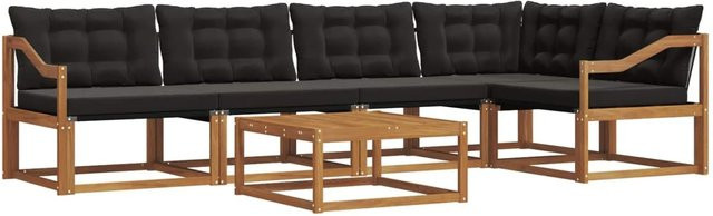 vidaXL 6-teilige Outdoor-Sofagarnitur in L-Form aus massivem Akazienholz und Textilene mit Kissen in Natur und Schwarz - Bild 1