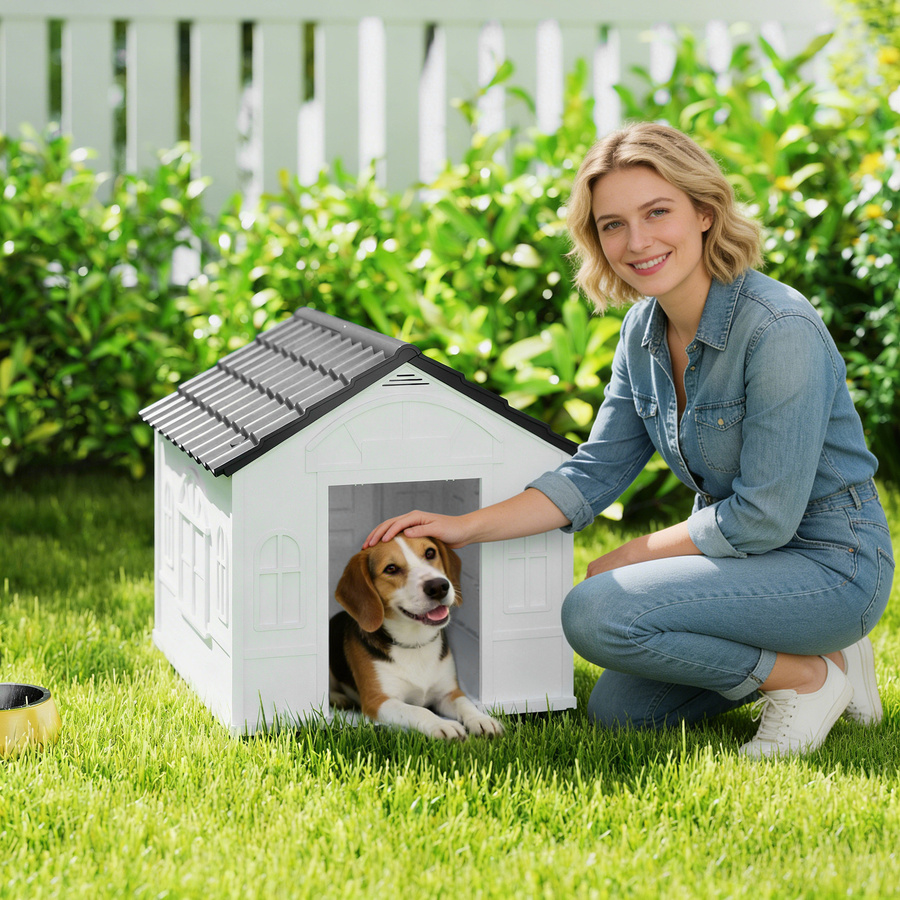 Aosom PawHut Hundehütte mit Satteldach in Grau, wetterfestes Hundehaus für mittelgroße Hunde unter 20 kg, B/T/H: 65 x 75,7 x 63 cm - Bild 2