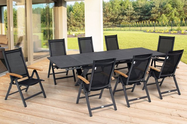 OUTFLEXX Garten-Essgruppe aus Aluminium und Teakholz in Anthrazit Matt mit ausziehbarem Tisch und 8 Klappstühlen - Bild 1