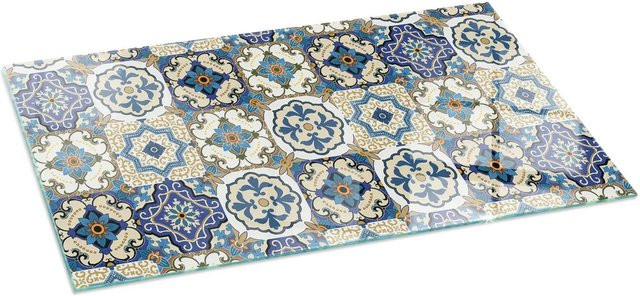 Tulup Kamin Glasplatte mit Mosaikmuster und Blumen in Blau, B/H: 140 x 70 cm - Bild 1