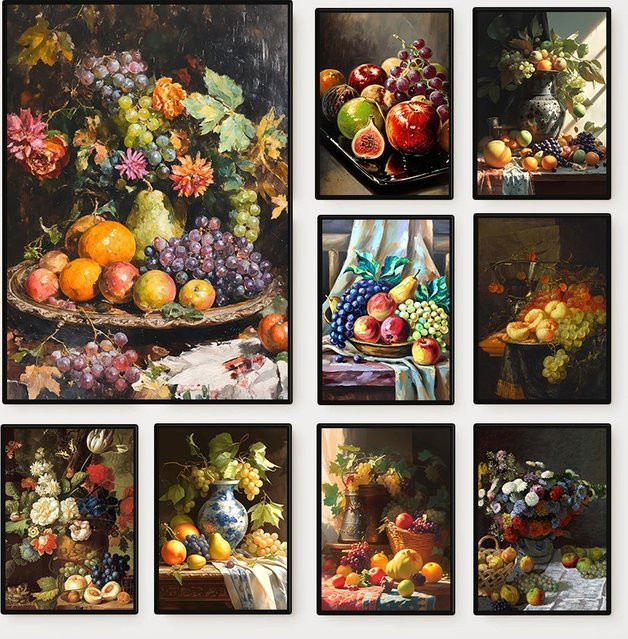 Vintage Stilleben mit Blumen und Früchten Leinwandgemälde von Potdemiel als Wandkunst für dein Wohnzimmer in Mehrfarbig - Bild 1
