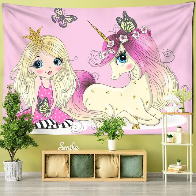 Super Six Wandteppich Mandala Cartoon Tarot Mädchen und Einhorn Wandbehang in Pink, B: 95 cm, H: 70 cm - Bild 1