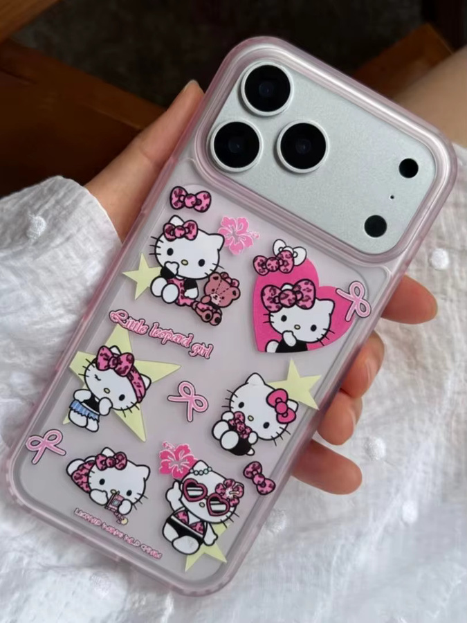 Hello Kitty Schutzhülle für iPhone 17 16 15 Pro Max mit Leopardenmuster in Pink und Transparent, mattes weiches Silikon, stoßfest - Bild 4