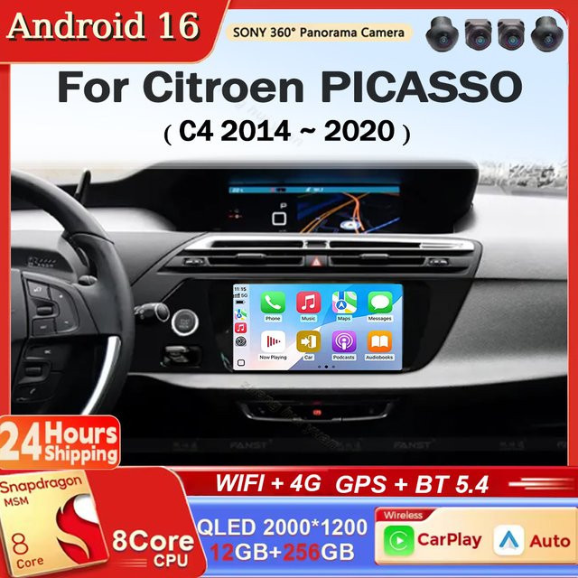 TIEYEZ Android 16 Autoradio für Citroen C4 Picasso 2014 - 2020 mit WLAN, 4G, Carplay, Bluetooth, GPS und Video Stereo Multimedia in Schwarz - Bild 1