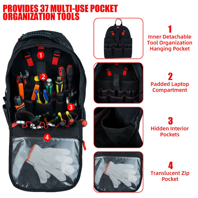 KUNN Roll-Werkzeugrucksack mit 37 Taschen und Rädern in Blau und Schwarz für Elektriker, Techniker und HVAC - Bild 2