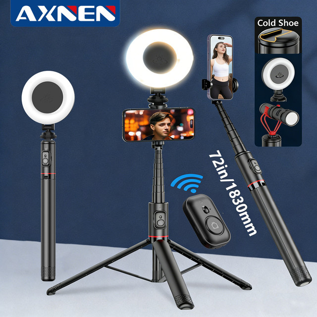 Axnen Selfie-Stick Stativ-Stabilisator mit Bluetooth und Aufhellungslicht, 183 cm Verlängerungsstange, Schwarz - Bild 1