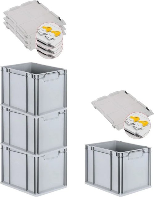 PROREGAL Spar Set 4x Eurobox Nextgen Economy mit Scharnierdeckel und gelben Schiebeschnappverschlüssen, Grau, H: 32 cm, B: 30 cm, T: 40 cm - Bild 1