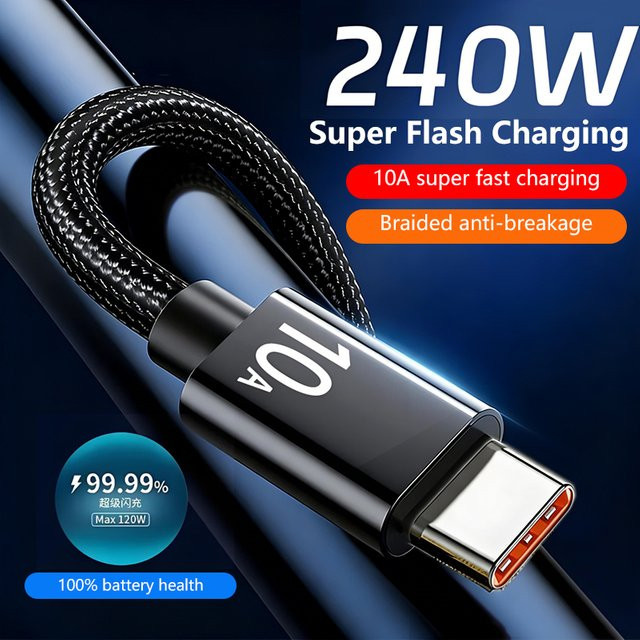 USB-C auf USB-C Schnellladekabel 240W PD Typ-C geflochtenes Ladekabel Schwarz - Bild 1