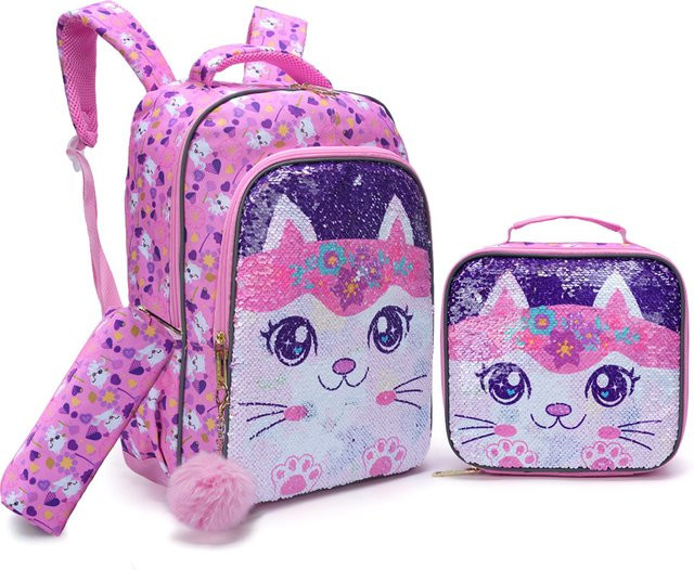 3-teiliges Rucksack-Set für Mädchen von BLING BABIES in Pink mit Cartoon-Kitty-Design, Pailletten und leuchtenden Elementen inklusive Lunchbox und Stifttasche - Bild 1