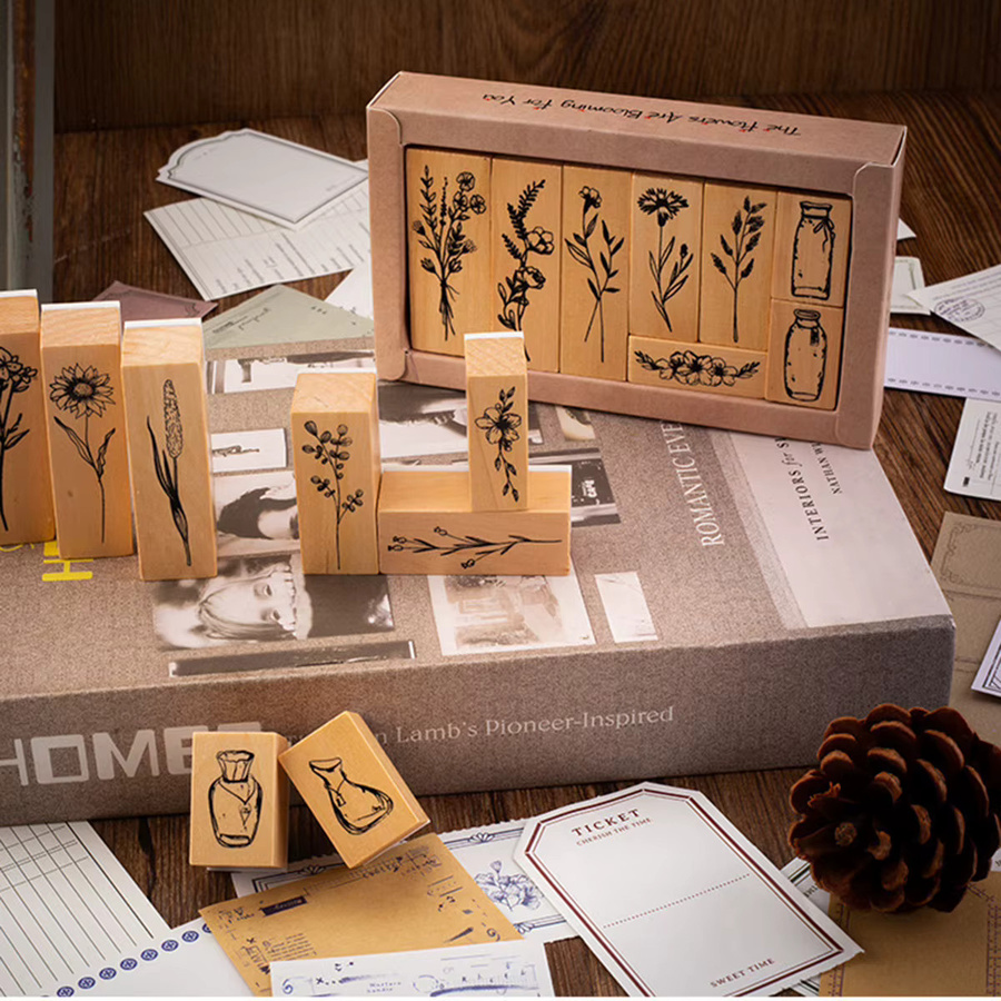 Set aus 8 Holzstempeln mit Retro-Pflanzenvasenmuster in Braun für Scrapbooking und DIY-Dekorationen - Bild 3