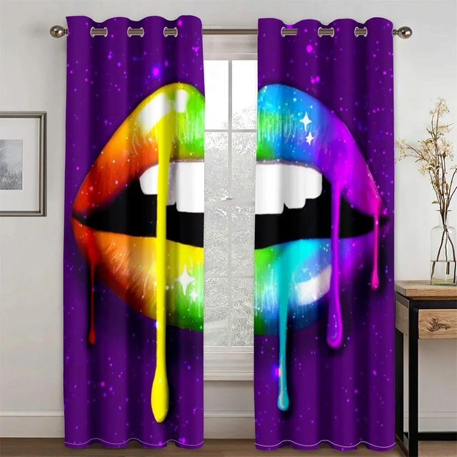 2er-Set Regenbogen Abstrakte Kunst Fenstergardinen mit Mund-Motiv, halbtransparent, Mehrfarbig, B: 100 cm, H: 160 cm - Bild 1
