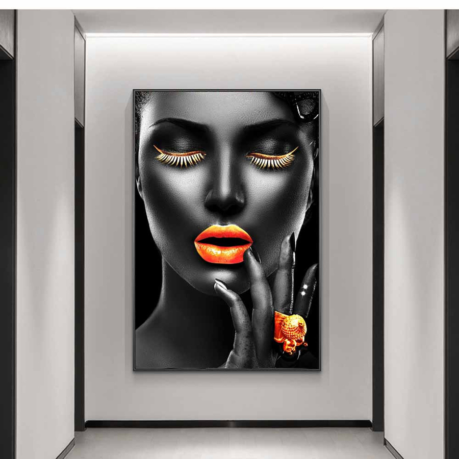 GIEKIKI Leinwandgemälde Afrikanische Kunst mit schwarzen Mädchen und goldenen Lippen, Wandbild Modern Portrait, B: 20 cm, H: 30 cm - Bild 4
