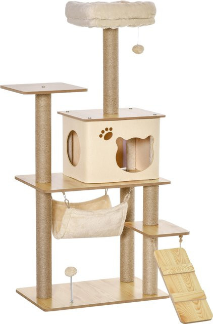 PawHut Kratzbaum aus Holz mit Katzenhöhle und Spielbällen, Gelb/Beige, B/T/H: 60 x 40 x 130 cm - Bild 1